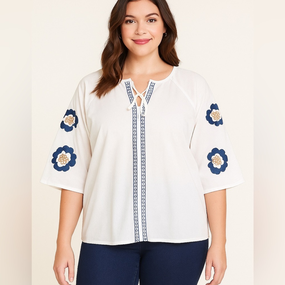 Plus White Blouse with Blue Embroidery